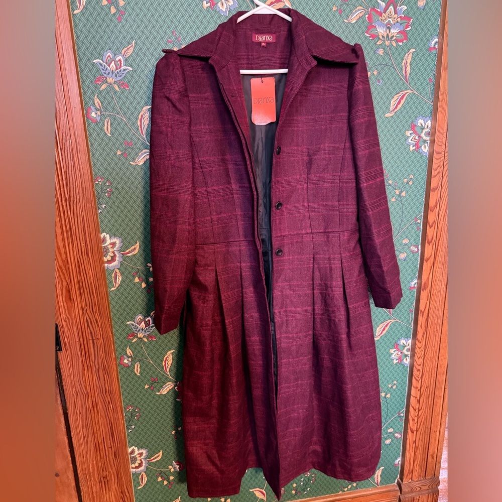 Imported Dlanxa Wine Colored Plaid Long Coat
